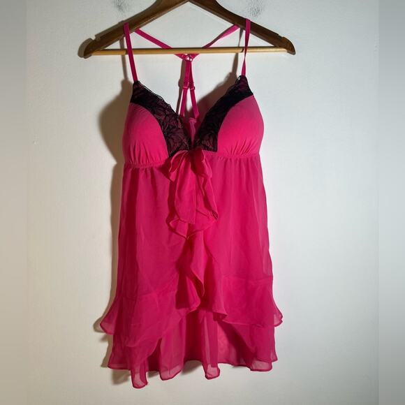 Pink Lace Trim Babydoll Lingerie - Picture 2 of 4
